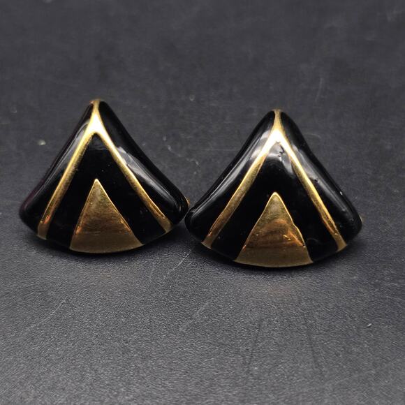 Avon 1988 Abstract Style Earrings Black Geometric Enamel 1980s Jewelry - Picture 1 of 8